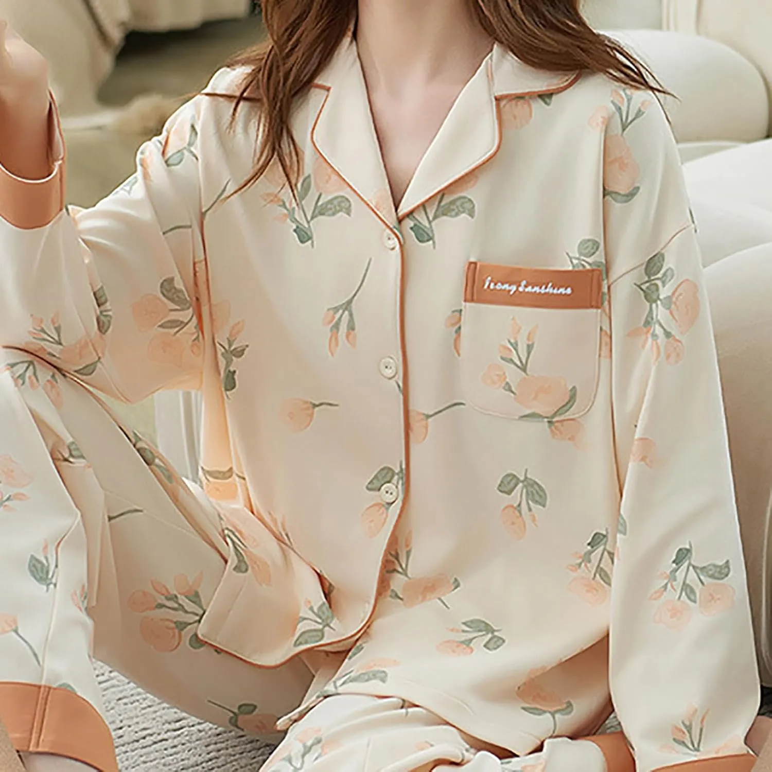 2 Piece Women's Cute Cotton Pajamas Set, Long Sleeve Button Down Casual Loungewear Pjs Built in Bra and Pants