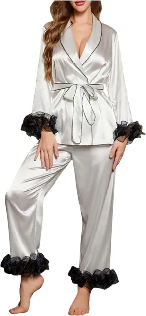 2 Piece Women's Satin Silk Pajama Set, Summer Lightweight Comfy Ruffled Long Sleeve Belted Loungewear Pjs and Pants