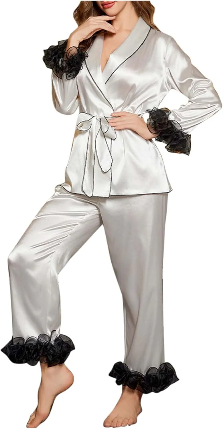2 Piece Women's Satin Silk Pajama Set, Summer Lightweight Comfy Ruffled Long Sleeve Belted Loungewear Pjs and Pants
