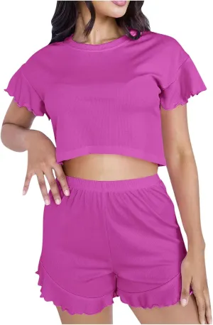 2 Piece Women's Short Sleeve Pajama Sets Short Sleeve Crop Top with Ruffle Shorts Lounge Sleepwear Summer Pjs Set