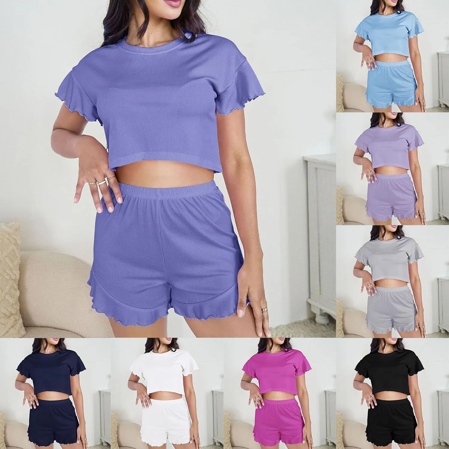 2 Piece Women's Short Sleeve Pajama Sets Short Sleeve Crop Top with Ruffle Shorts Lounge Sleepwear Summer Pjs Set