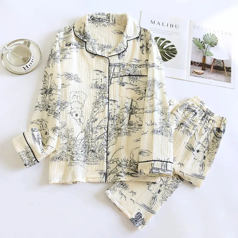 2024 Spring and Autumn Women's New Pajama Set 100% Cotton Crepe Long sleeved Pants Cute Home Fury Two piece Set Pijamas Ladies