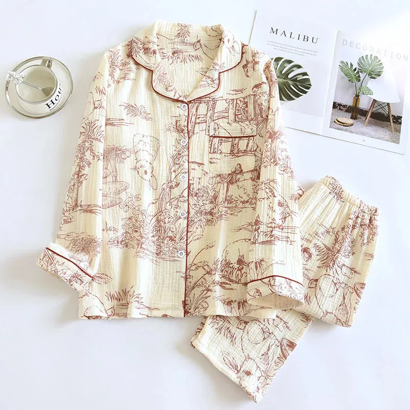 2024 Spring and Autumn Women's New Pajama Set 100% Cotton Crepe Long sleeved Pants Cute Home Fury Two piece Set Pijamas Ladies