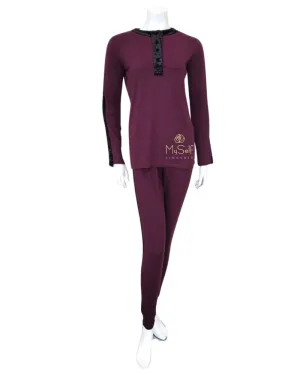 209-PL-P Plum Cotton Pajamas Set with Crushed Velvet Trim