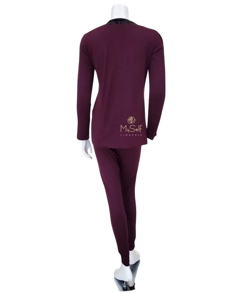 209-PL-P Plum Cotton Pajamas Set with Crushed Velvet Trim