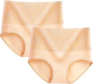 2PC Womens Cotton Floral Printed Cheeky Bikini Panties High Waist Moisture-Wicking Briefs Tummy Control Underwear