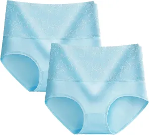 2PC Womens Cotton Floral Printed Cheeky Bikini Panties High Waist Moisture-Wicking Briefs Tummy Control Underwear
