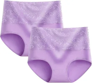 2PC Womens Cotton Floral Printed Cheeky Bikini Panties High Waist Moisture-Wicking Briefs Tummy Control Underwear