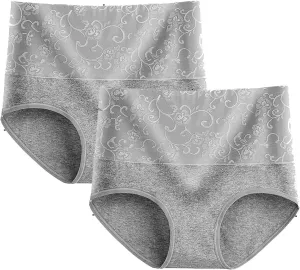 2PC Womens Cotton Floral Printed Cheeky Bikini Panties High Waist Moisture-Wicking Briefs Tummy Control Underwear