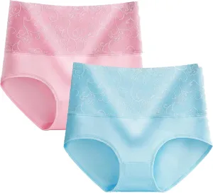 2PC Womens Cotton Floral Printed Cheeky Bikini Panties High Waist Moisture-Wicking Briefs Tummy Control Underwear