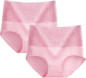 2PC Womens Cotton Floral Printed Cheeky Bikini Panties High Waist Moisture-Wicking Briefs Tummy Control Underwear