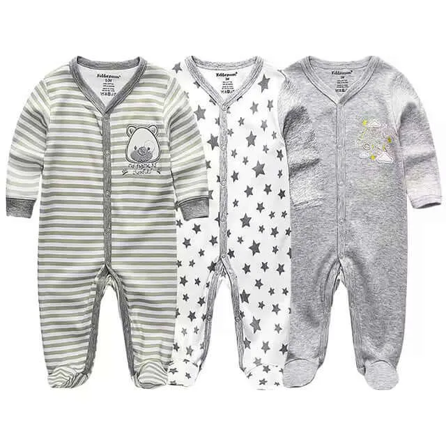 3 Pack Baby Organic Cotton Pajamas -  Long Sleeve & Footed (0-12M)