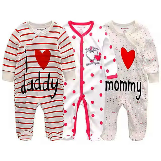 3 Pack Baby Organic Cotton Pajamas -  Long Sleeve & Footed (0-12M)