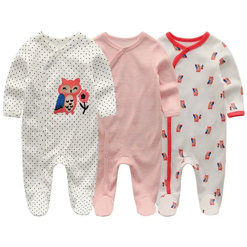 3 Pack Baby Organic Cotton Pajamas -  Long Sleeve & Footed (0-12M)