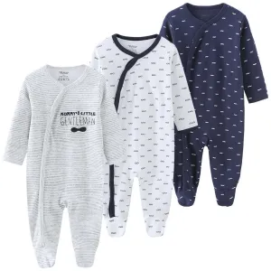 3 Pack Baby Organic Cotton Pajamas -  Long Sleeve & Footed (0-12M)