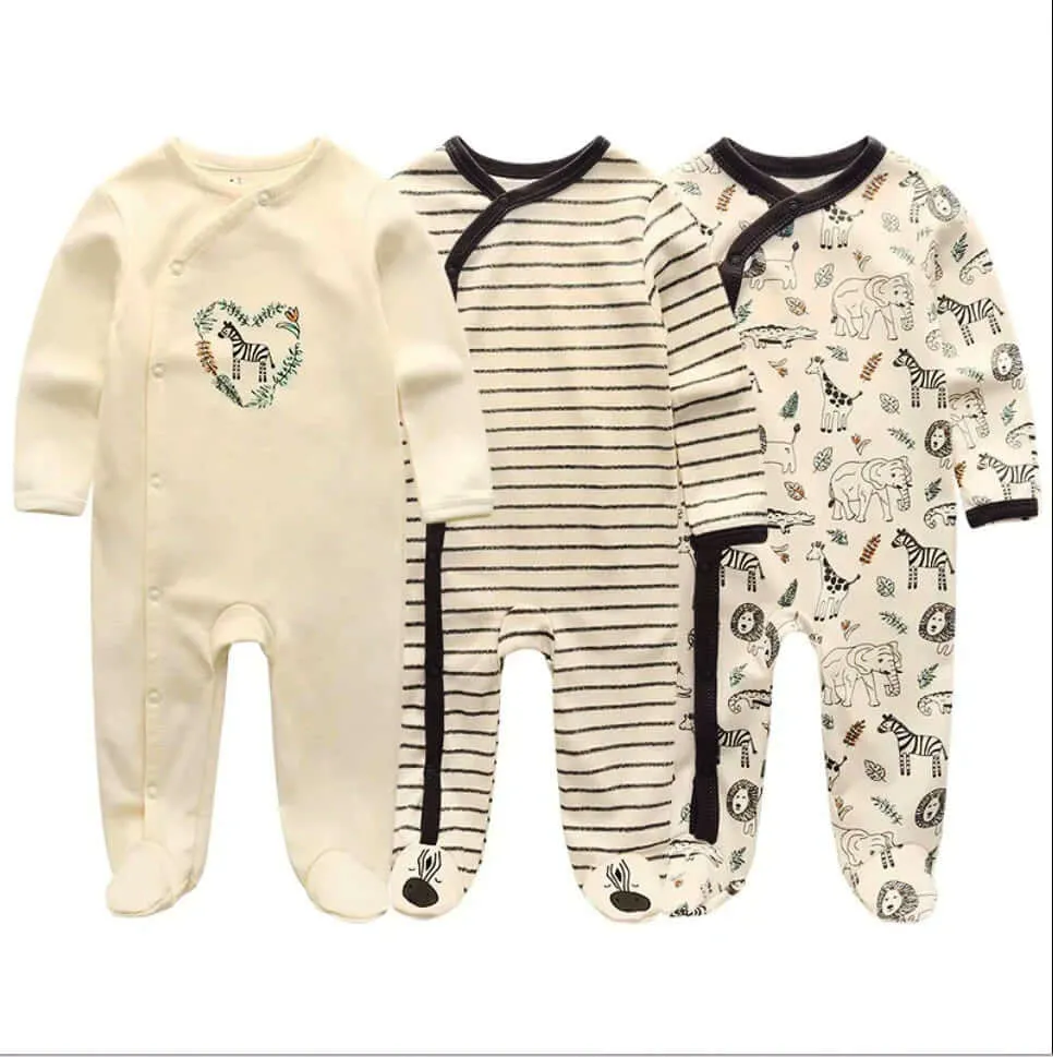 3 Pack Baby Organic Cotton Pajamas -  Long Sleeve & Footed (0-12M)