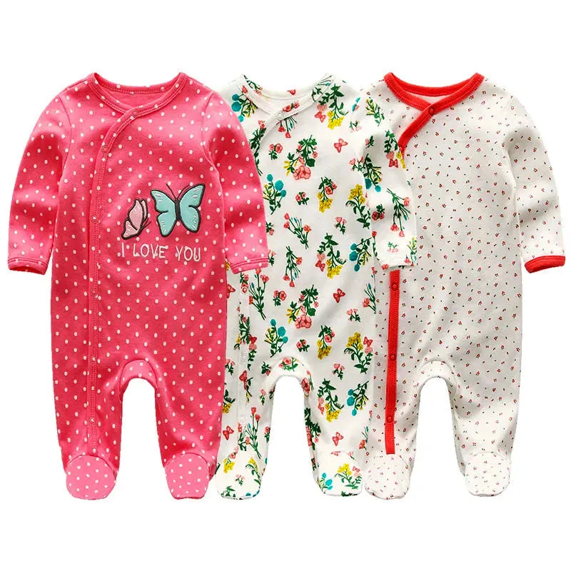 3 Pack Baby Organic Cotton Pajamas -  Long Sleeve & Footed (0-12M)
