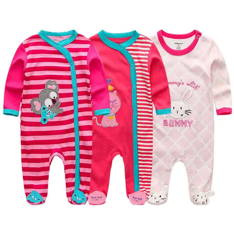 3 Pack Baby Organic Cotton Pajamas -  Long Sleeve & Footed (0-12M)