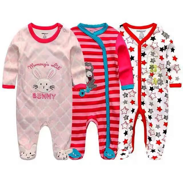 3 Pack Baby Organic Cotton Pajamas -  Long Sleeve & Footed (0-12M)