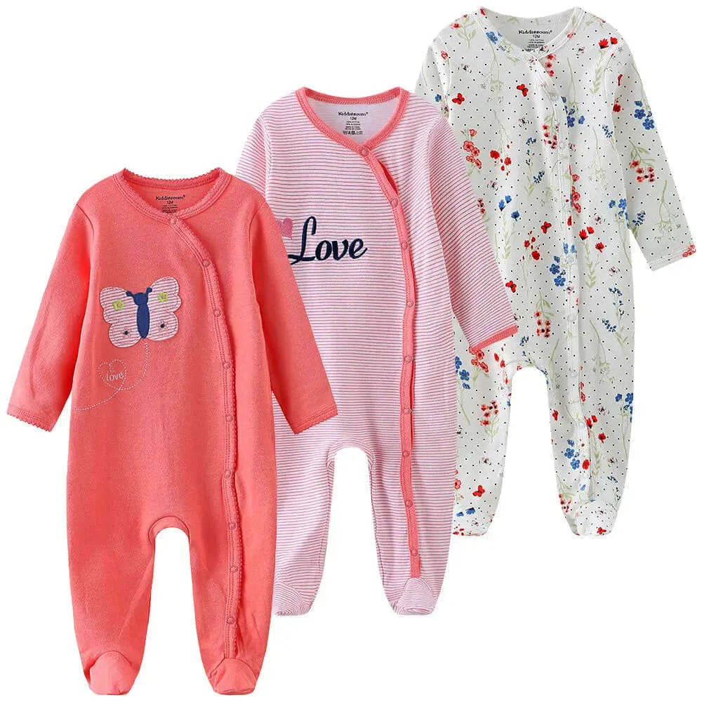 3 Pack Baby Organic Cotton Pajamas -  Long Sleeve & Footed (0-12M)