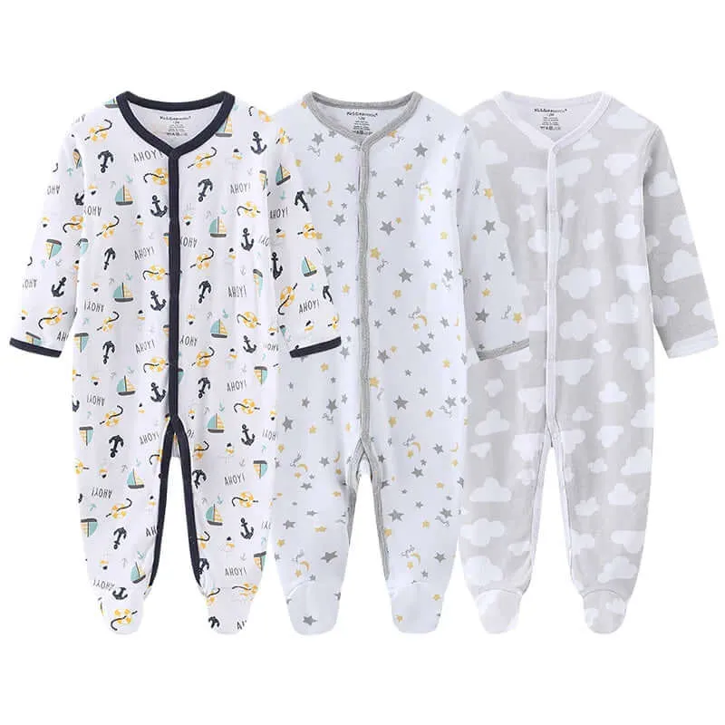 3 Pack Baby Organic Cotton Pajamas -  Long Sleeve & Footed (0-12M)