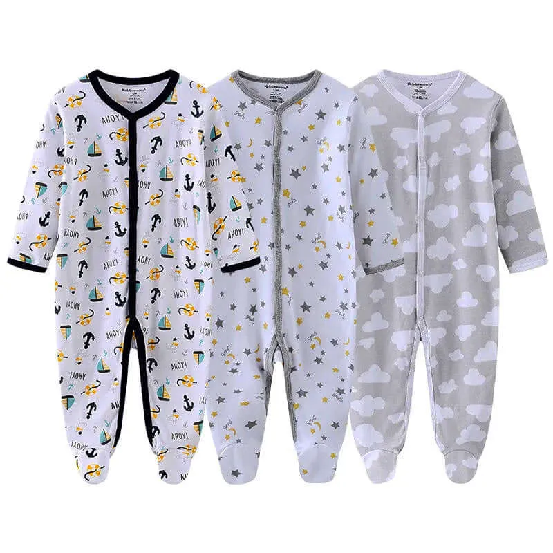 3 Pack Baby Organic Cotton Pajamas -  Long Sleeve & Footed (0-12M)