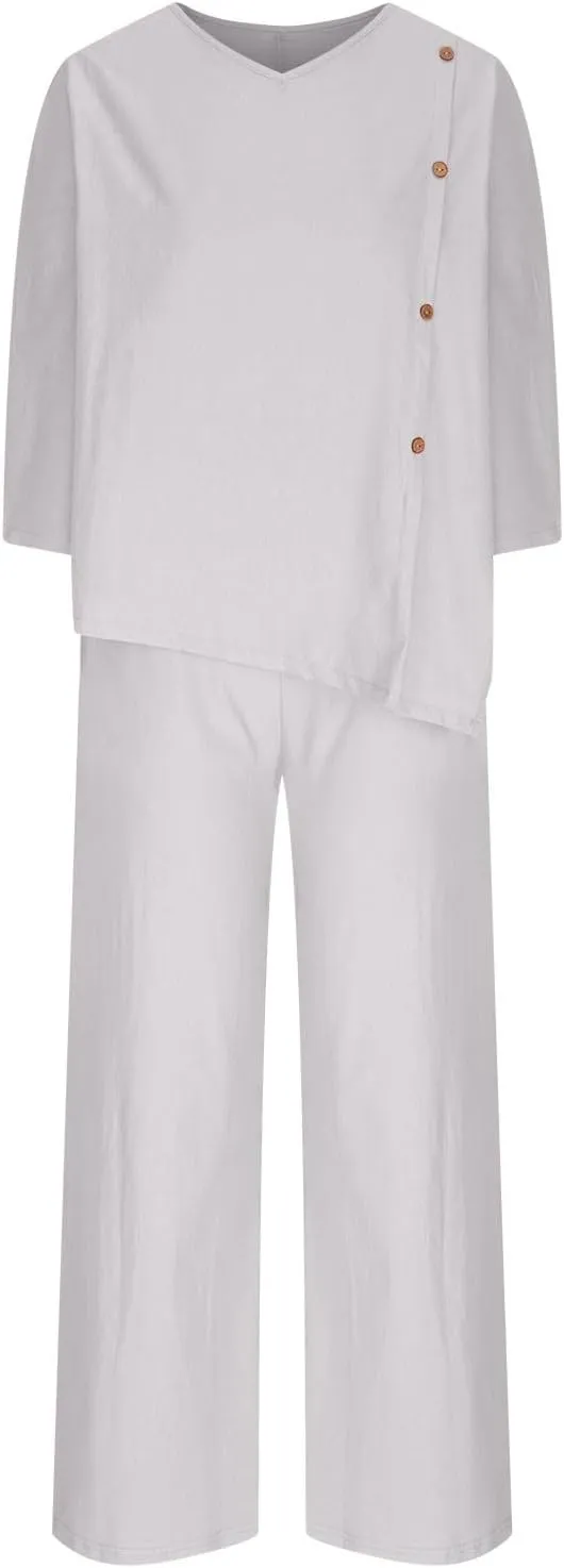 3/4 Sleeve Cotton Linen Outfit Set for Womens Summer Casual V Neck Shirts and Wide Leg Pants Resort Wear Loungwear
