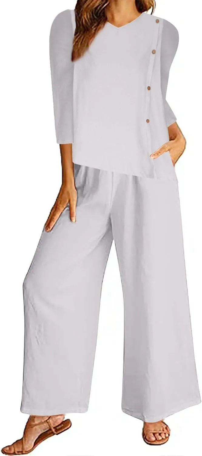 3/4 Sleeve Cotton Linen Outfit Set for Womens Summer Casual V Neck Shirts and Wide Leg Pants Resort Wear Loungwear