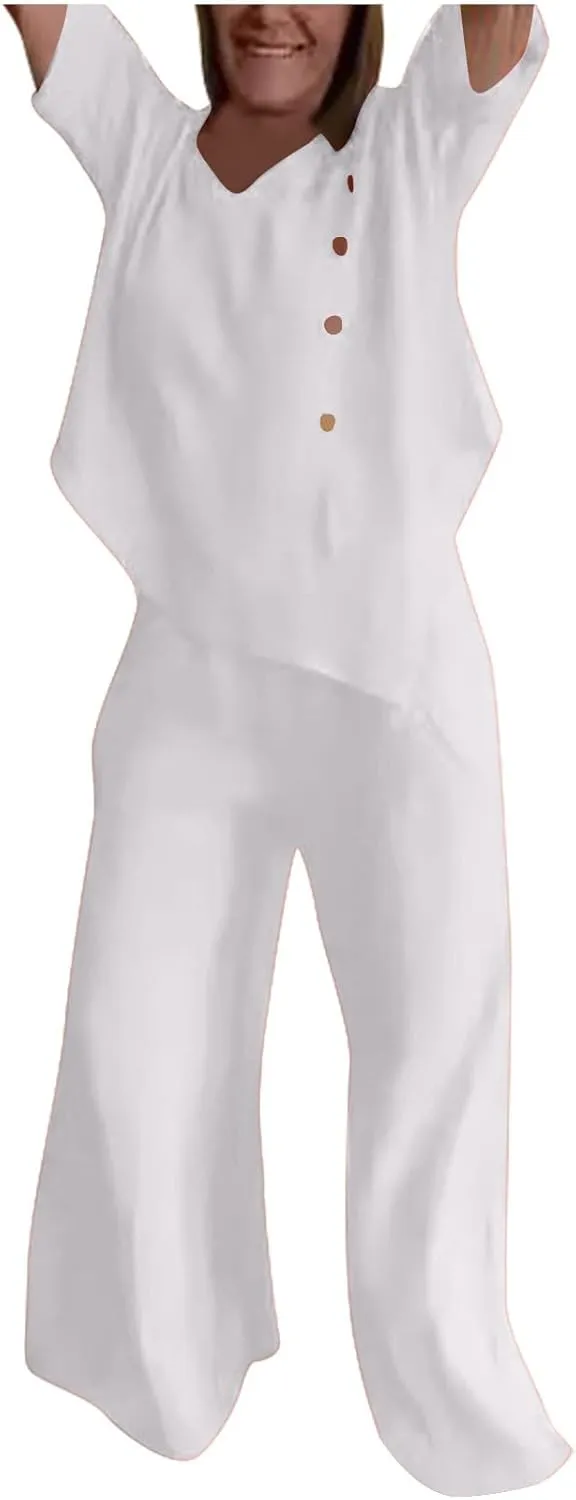 3/4 Sleeve Cotton Linen Outfit Set for Womens Summer Casual V Neck Shirts and Wide Leg Pants Resort Wear Loungwear