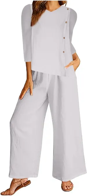 3/4 Sleeve Cotton Linen Outfit Set for Womens Summer Casual V Neck Shirts and Wide Leg Pants Resort Wear Loungwear