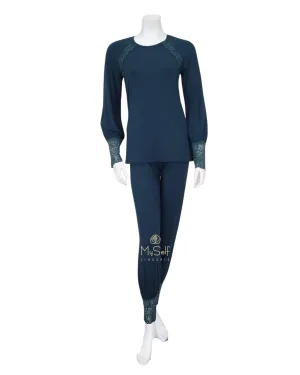 3512 Lace Cuff Dark Bottle Green Modal Pajamas Set