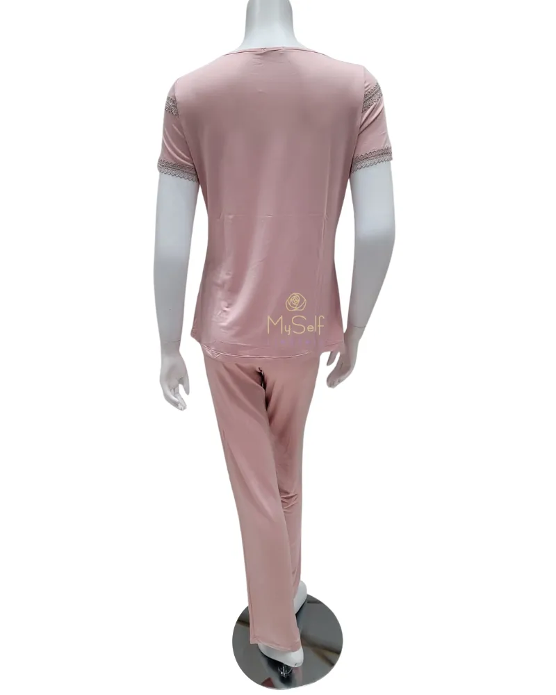 3623 V Lace Trim Dusty Pink Short Sleeve Modal Pajamas Set