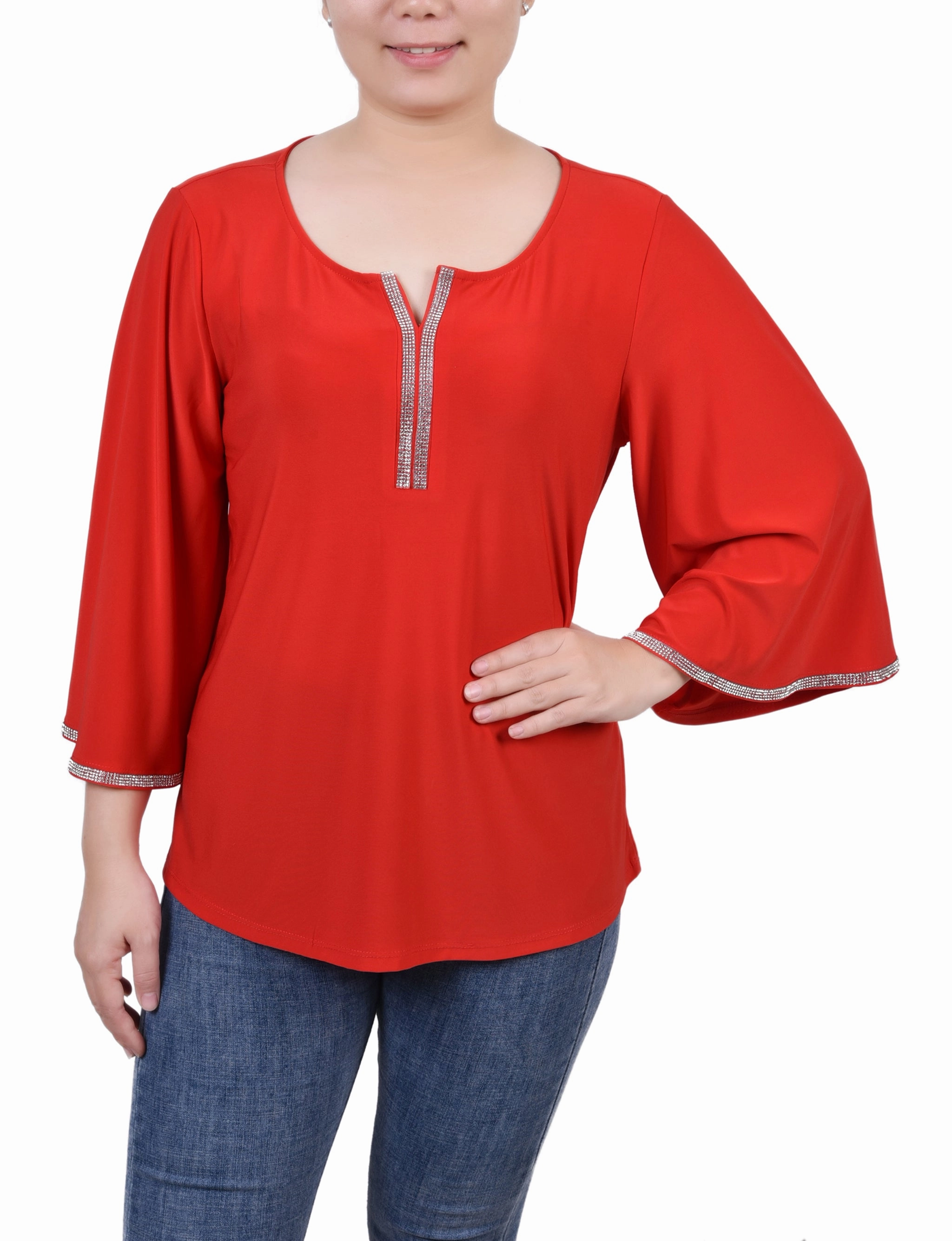 3/4 Bell Sleeve Top With Stones LayeredNeckline Chic Cardigan