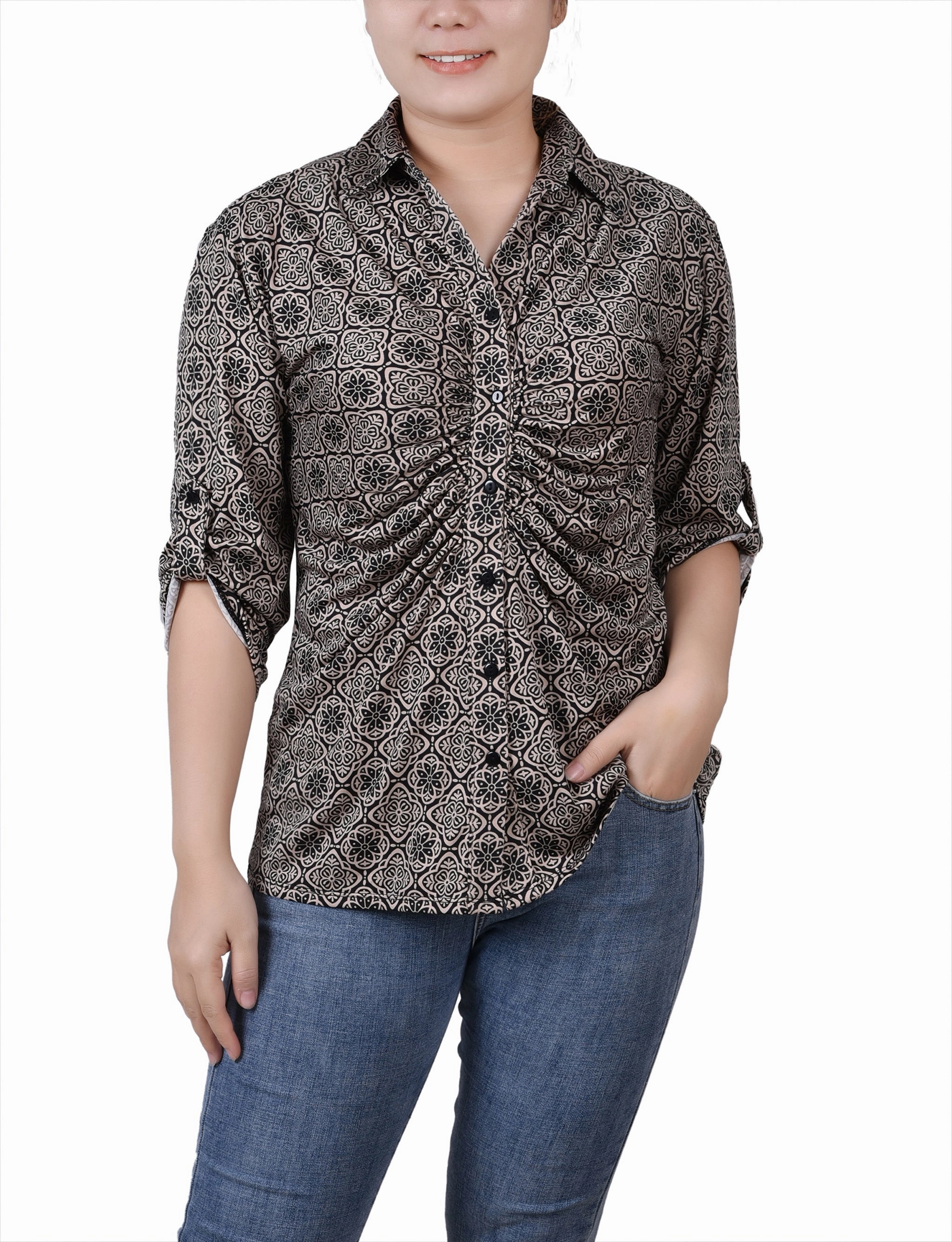 3/4 Roll Tab Rouched-Front Top SweatWicking Fabric TemperatureRegulating Fabric
