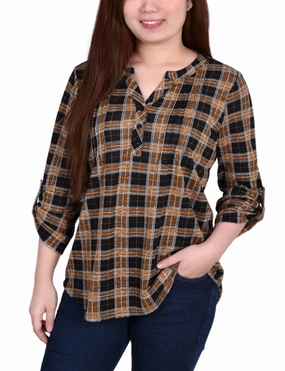 3/4 Roll Tab Sleeve Y Neck Top Reinforced Shoulder YarnBlend