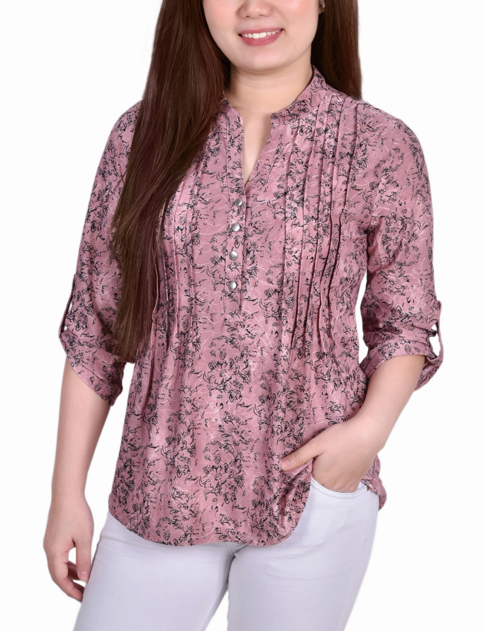 3/4 Roll Tab Sleeve Y Neck Top Low Profile Seaming