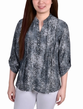 Mesh Lining 3/4 Roll Tab Sleeve Y Neck Top