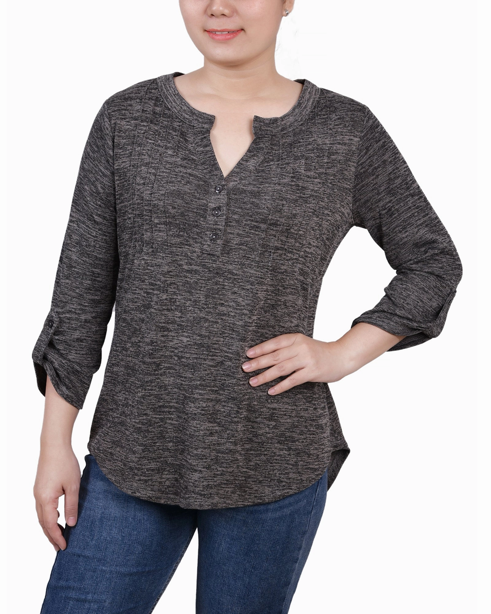 3/4 Roll Tab Sleeve Y Neck Top Quick Dry Performance Snag Resistant Fabric