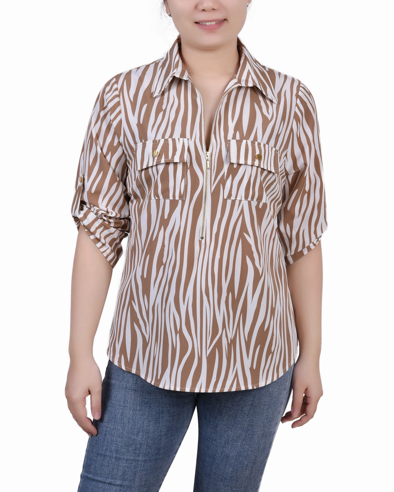 Raglan Sleeve 3/4 Roll Tab Sleeve Zip Front Top