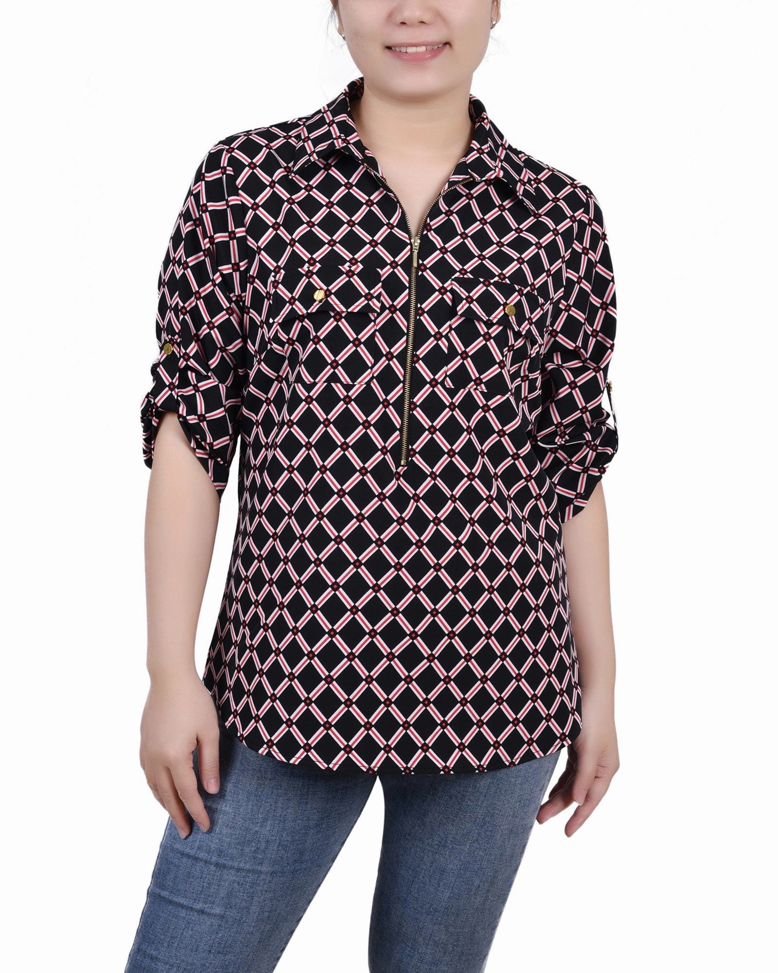 AntiOdorTreatment VentilatedMeshPaneling 3/4 Roll Tab Sleeve Zip Front Top