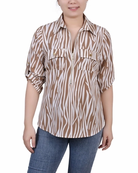 3/4 Roll Tab Sleeve Zip Front Top FourWayStretch MoistureWicking Technology