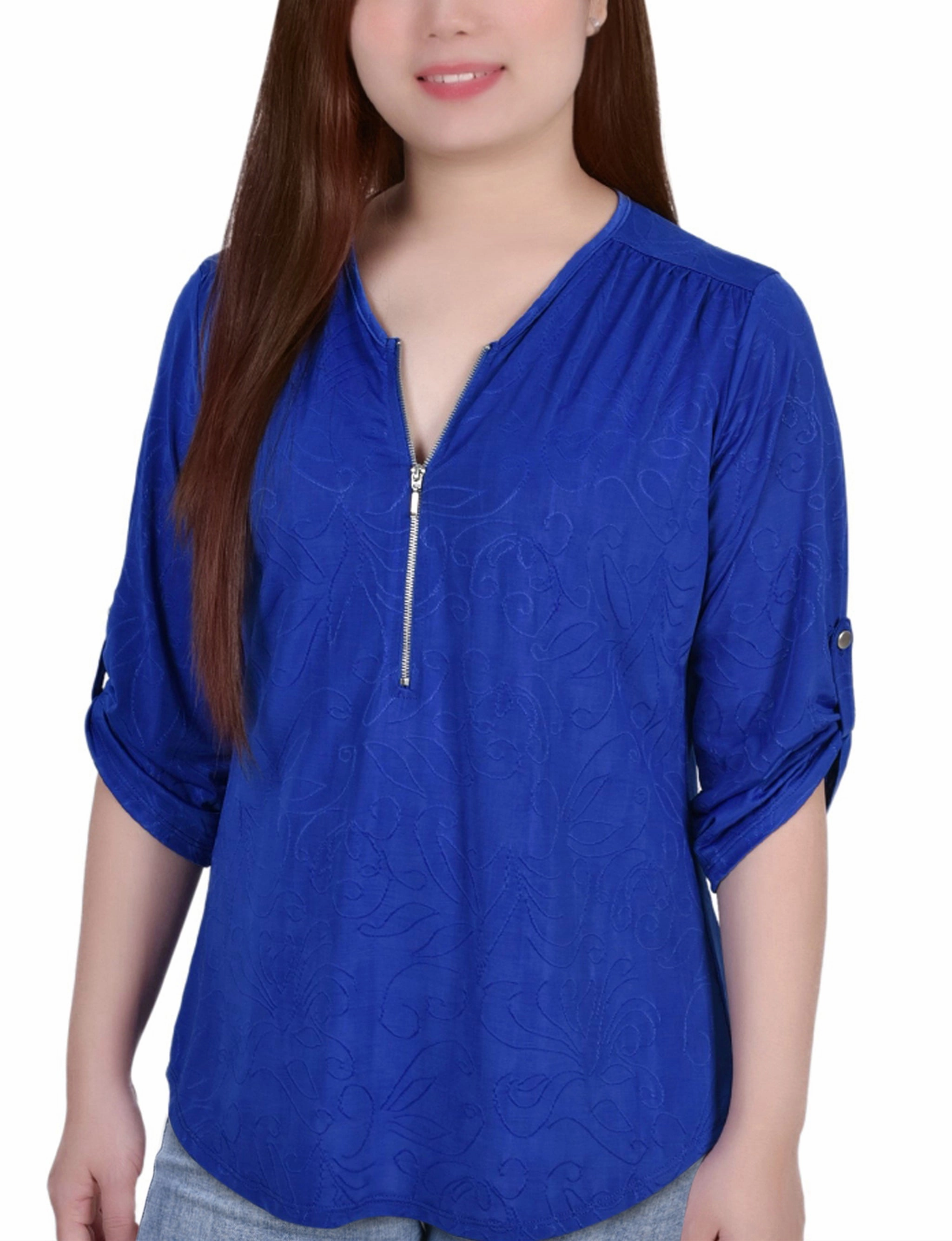 3/4 Roll Tab Zip Front Jacquard Knit Top AdjustableHem