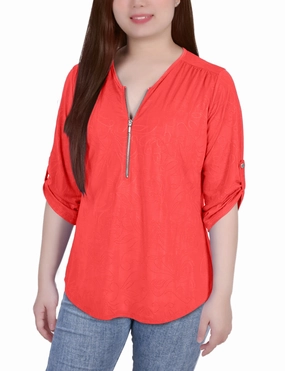 3/4 Roll Tab Zip Front Jacquard Knit Top Anti Pilling Treatment