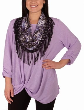 3/4 Ruched Sleeve Knot Top With Fringe Tassel Scarf Printed Blouse RollUpSleeves