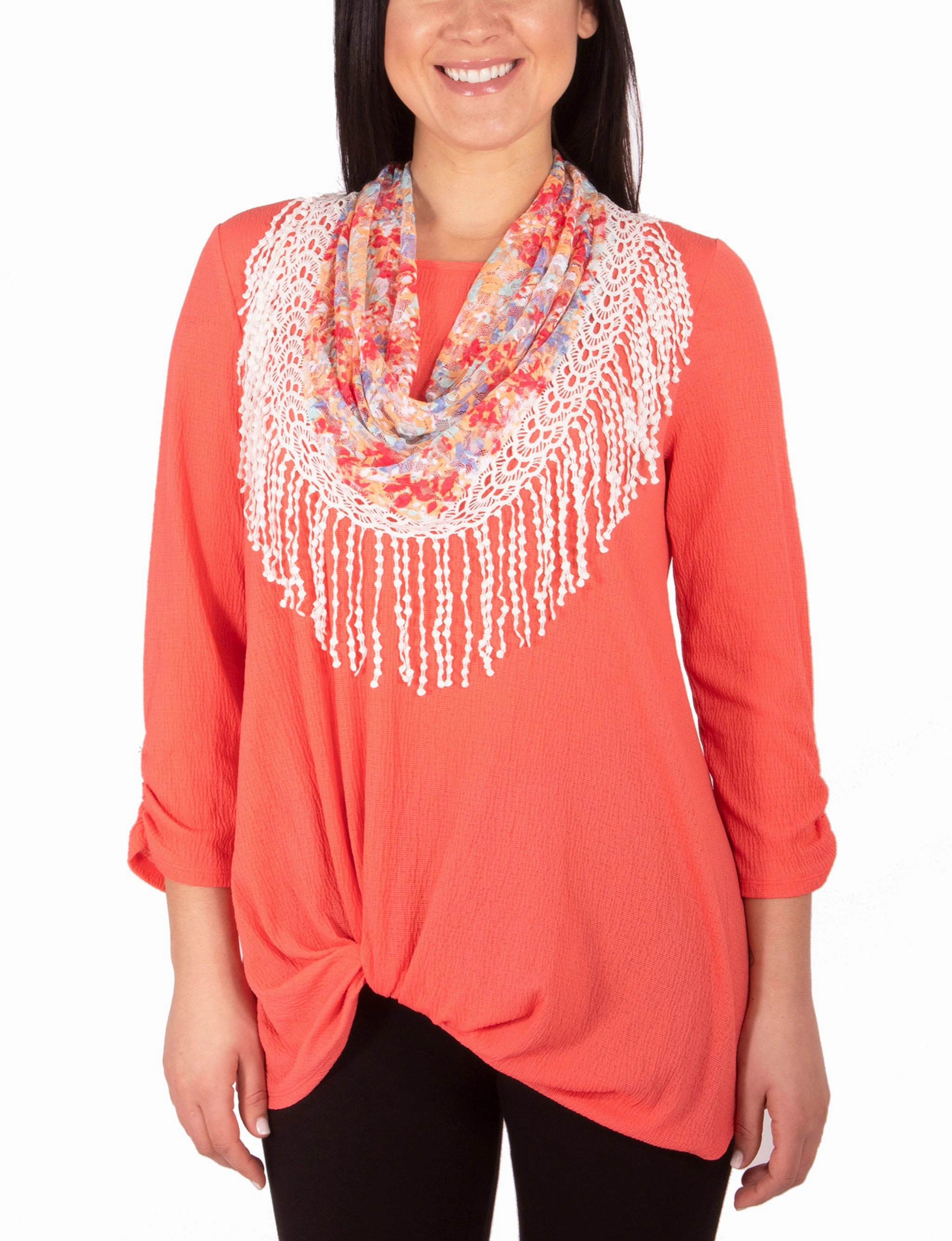 GarmentWashedFinish 3/4 Ruched Sleeve Knot Top With Fringe Tassel Scarf
