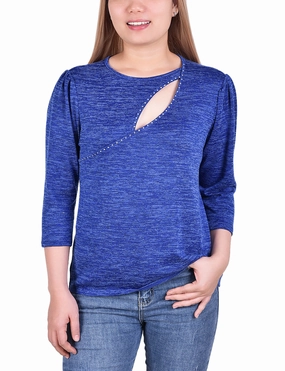 3/4 Sleeve Cutout Neck Top With Studs DurableDoubleLayeredHem Brushed Interior