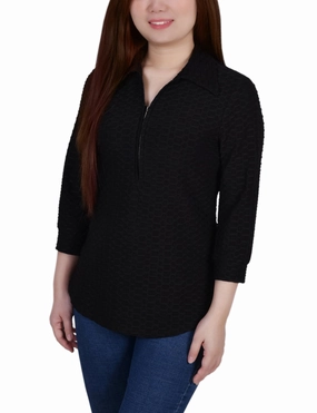 Stretch Fit Retro design 3/4 Sleeve Honeycomb Half Zip Collared Top