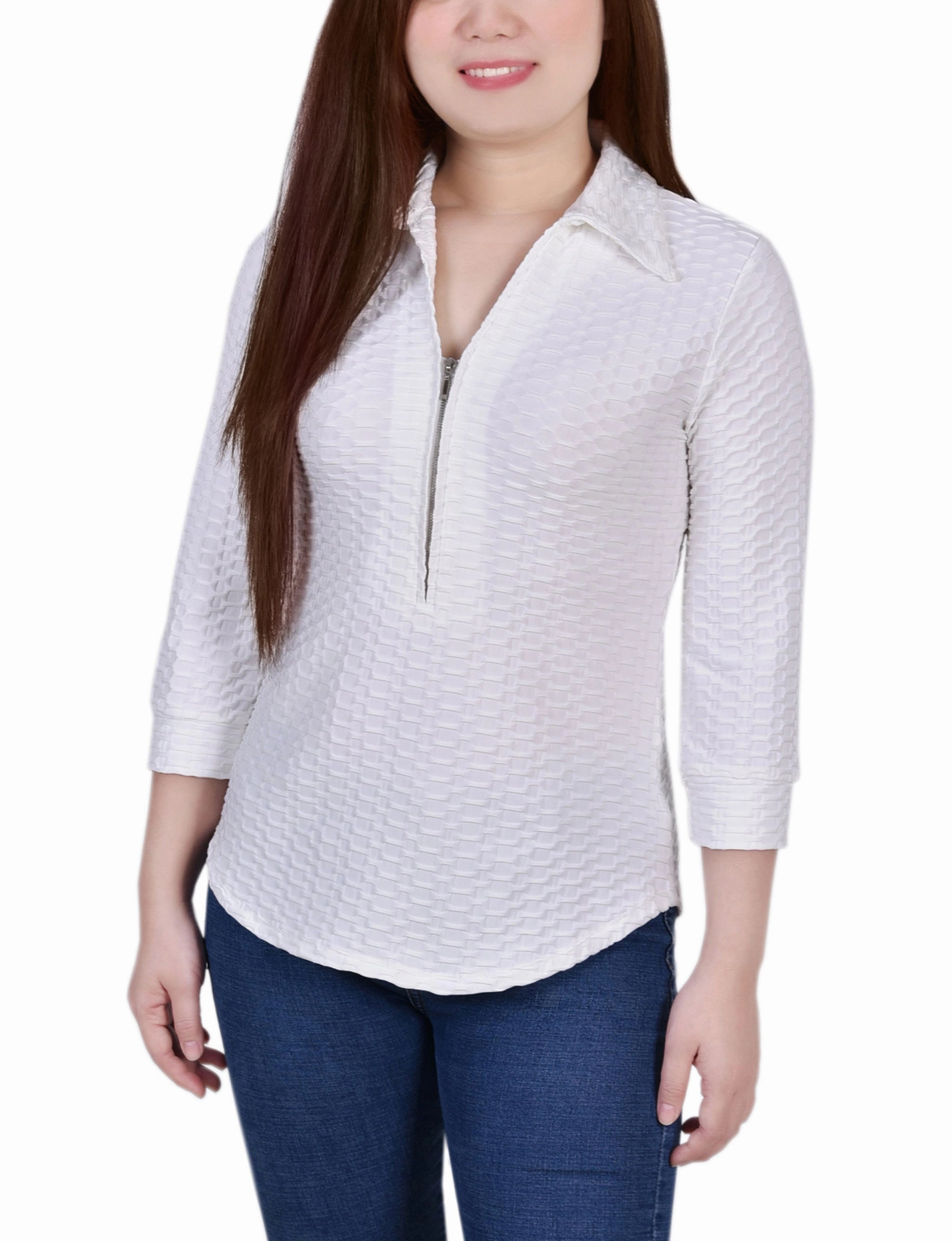 Basic Long Sleeve SweatGuard Lining 3/4 Sleeve Honeycomb Half Zip Collared Top