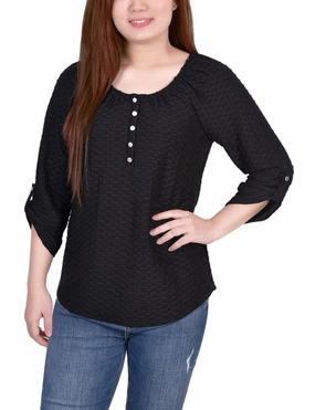 3/4 Sleeve Honeycomb Henley Top CollapsibleFrame