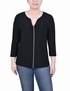 Brushed Inner Layer 3/4 Sleeve Piped Top